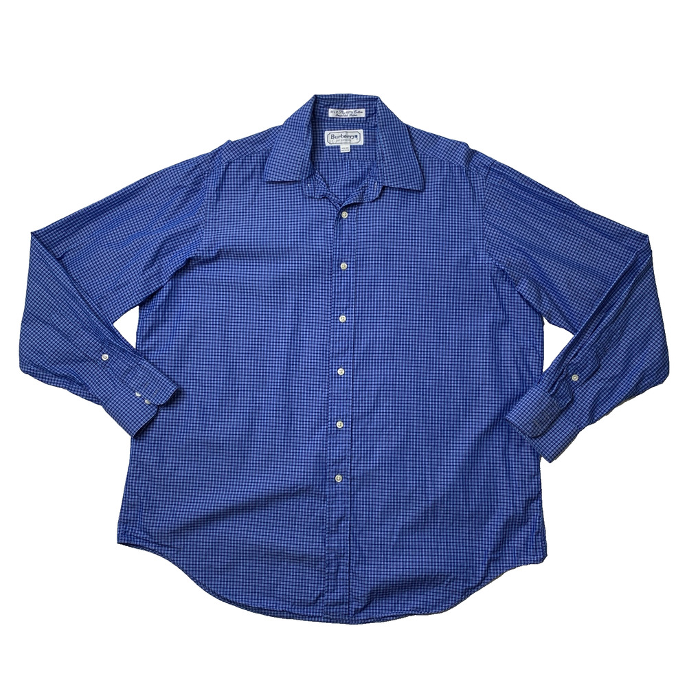 Vintage Burberrys Shirt Mens 16.5 Lapis Blue Long Sleeve Check Dress Made USA